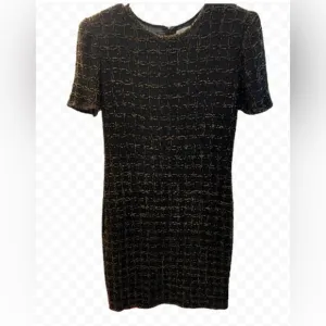 Papell Boutique Evening Silk Black &amp; Gold Beaded Short Sleeve Luxury Dress Sz 6P