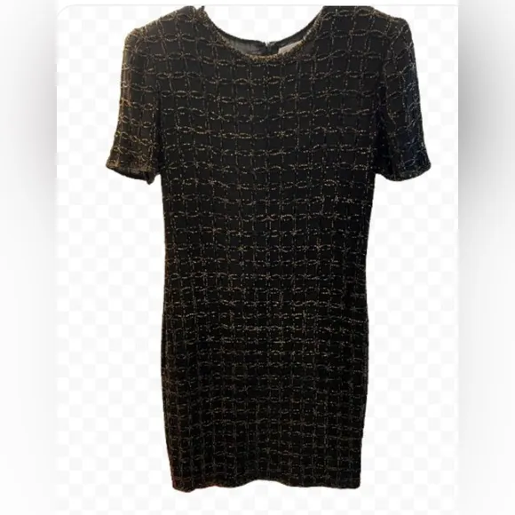 Papell Boutique Evening Silk Black &amp; Gold Beaded Short Sleeve Luxury Dress Sz 6P