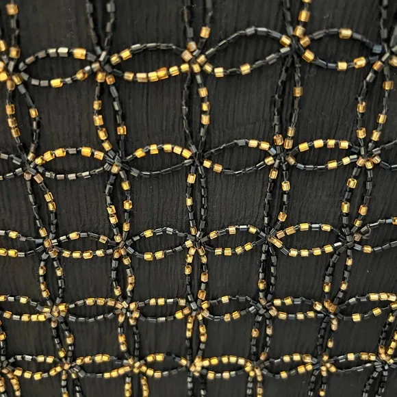 Papell Boutique Evening Silk Black &amp; Gold Beaded Short Sleeve Luxury Dress Sz 6P