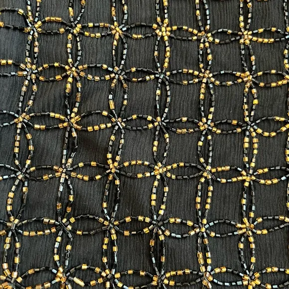 Papell Boutique Evening Silk Black &amp; Gold Beaded Short Sleeve Luxury Dress Sz 6P