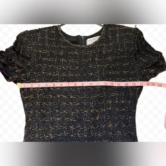 Papell Boutique Evening Silk Black &amp; Gold Beaded Short Sleeve Luxury Dress Sz 6P