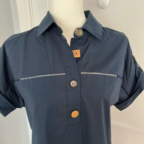 Pearl by Lela Rose Blue Short Sleeve Shirt Dress Buttons Pockets Casual Small