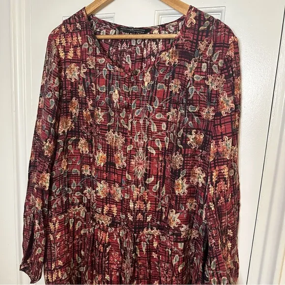 Peruvian Connection Silk Blend Tunic Long Sleeve Dress Red Floral Abstract 14