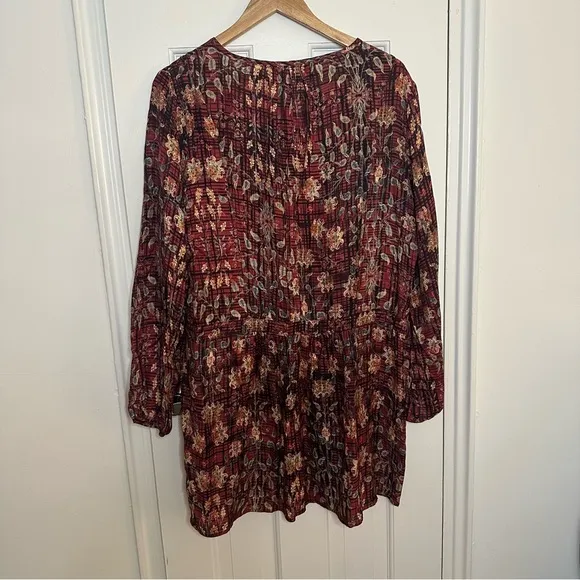 Peruvian Connection Silk Blend Tunic Long Sleeve Dress Red Floral Abstract 14