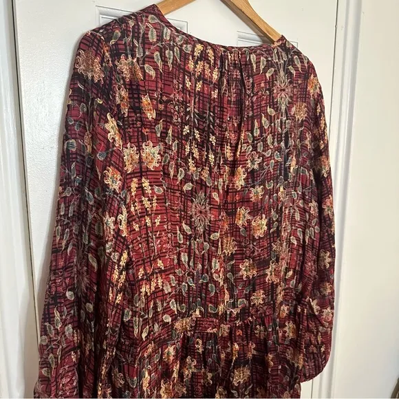 Peruvian Connection Silk Blend Tunic Long Sleeve Dress Red Floral Abstract 14