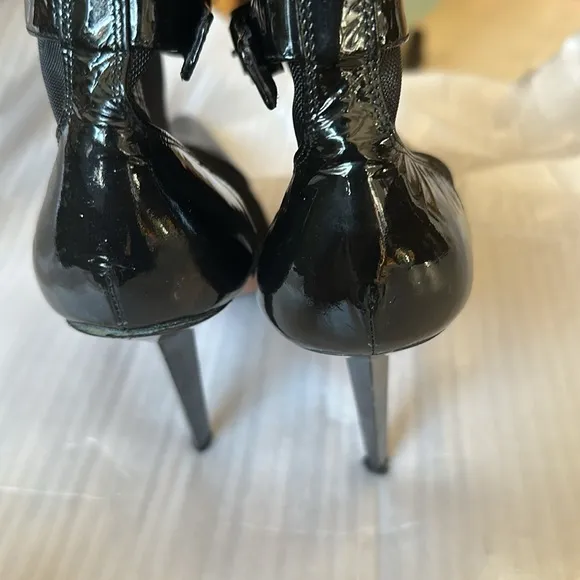 PHI Womens patent Leather&amp; mesh Stiletto Heel Boots Black Silver Tone Size 39