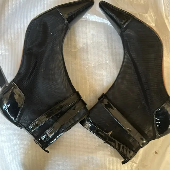 PHI Womens patent Leather&amp; mesh Stiletto Heel Boots Black Silver Tone Size 39