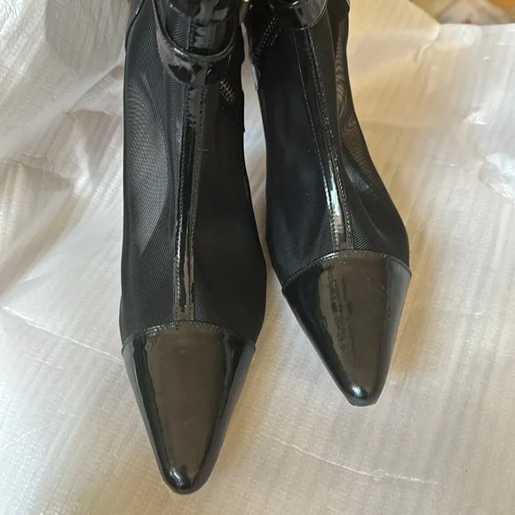 PHI Womens patent Leather&amp; mesh Stiletto Heel Boots Black Silver Tone Size 39