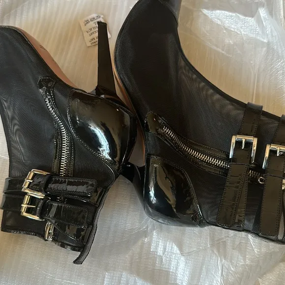 PHI Womens patent Leather&amp; mesh Stiletto Heel Boots Black Silver Tone Size 39