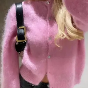 Pink Casual Women's Button Front Long Sleeve Minimalist Cardigan