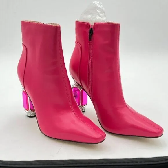 Pink Chic Pointed Toe Crystal Chunky High Heel Ankle Boots Side Zipper Shoes