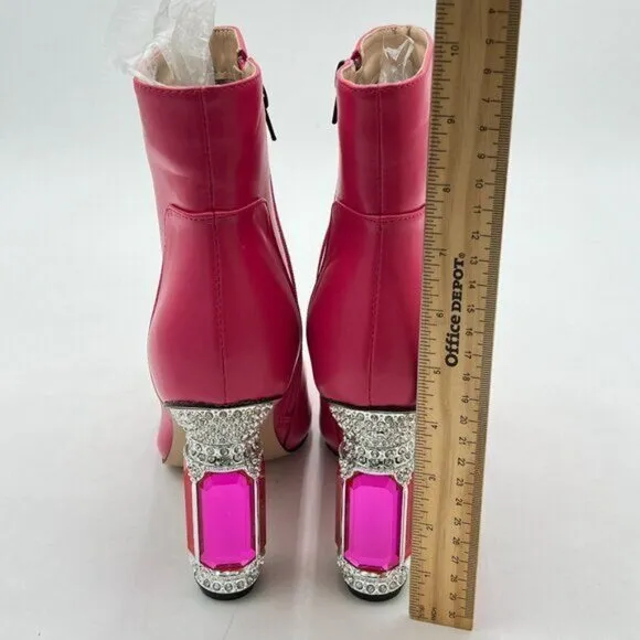 Pink Chic Pointed Toe Crystal Chunky High Heel Ankle Boots Side Zipper Shoes