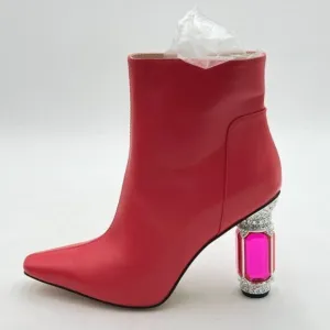 Pink Chic Pointed Toe Crystal Chunky High Heel Ankle Boots Side Zipper Shoes