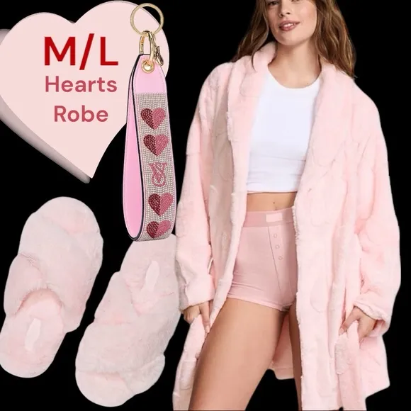 PINK M/L ANGEL PINK HEARTS SOFT &amp; COZY ROBE, SLIPPERS, HEARTS WRISTLET &amp; BLANKET