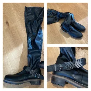 Pinko Over The Knee Lug Sole Buckle Ankle Strap Boots in Black
