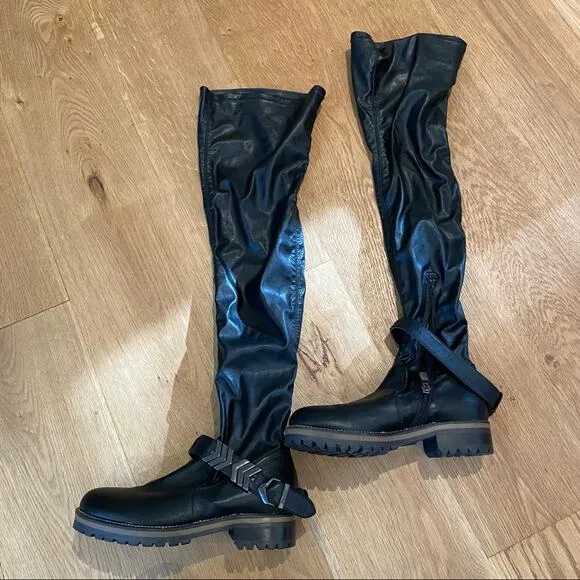 Pinko Over The Knee Lug Sole Buckle Ankle Strap Boots in Black