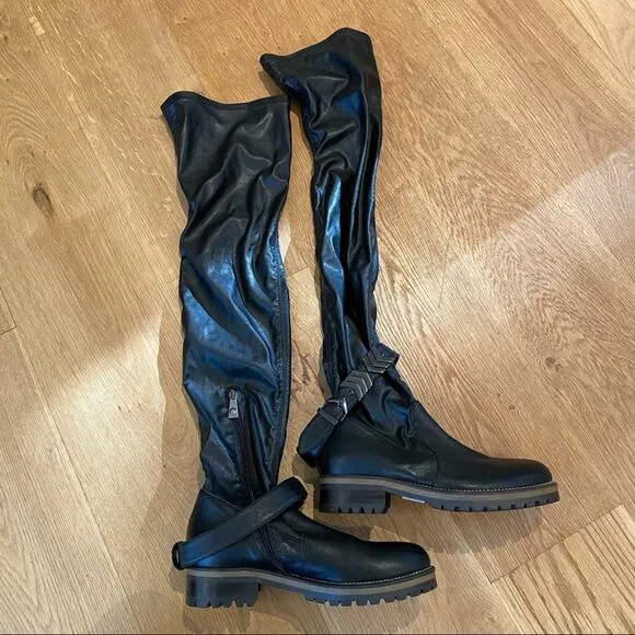 Pinko Over The Knee Lug Sole Buckle Ankle Strap Boots in Black