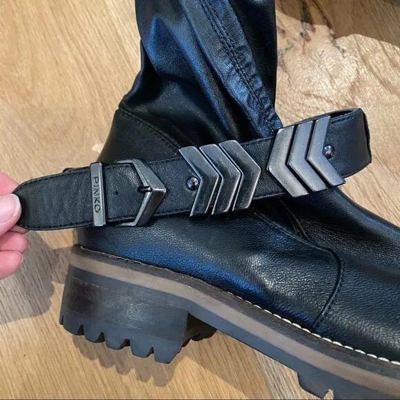 Pinko Over The Knee Lug Sole Buckle Ankle Strap Boots in Black