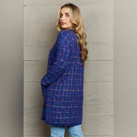 Plaid Retro Knit Colorful Fringe Fur Hem Longline Sweater Cardigan Bold Duster