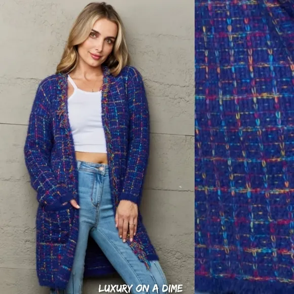 Plaid Retro Knit Colorful Fringe Fur Hem Longline Sweater Cardigan Bold Duster