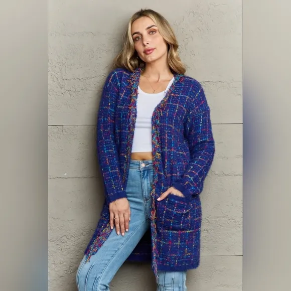 Plaid Retro Knit Colorful Fringe Fur Hem Longline Sweater Cardigan Bold Duster