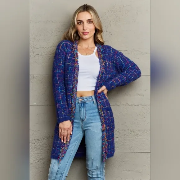 Plaid Retro Knit Colorful Fringe Fur Hem Longline Sweater Cardigan Bold Duster