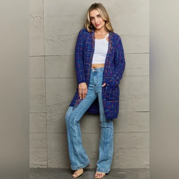 Plaid Retro Knit Colorful Fringe Fur Hem Longline Sweater Cardigan Bold Duster