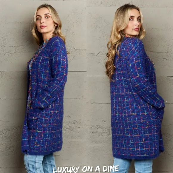 Plaid Retro Knit Colorful Fringe Fur Hem Longline Sweater Cardigan Bold Duster