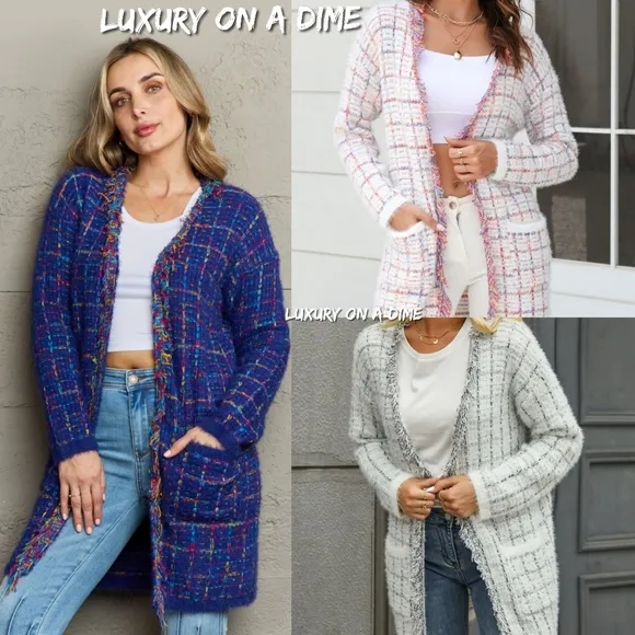 Plaid Retro Knit Colorful Fringe Fur Hem Longline Sweater Cardigan Bold Duster