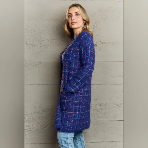 Plaid Retro Knit Colorful Fringe Fur Hem Longline Sweater Cardigan Bold Duster