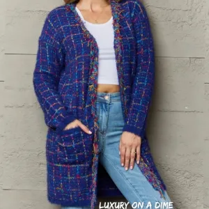 Plaid Retro Knit Colorful Fringe Fur Hem Longline Sweater Cardigan Bold Duster