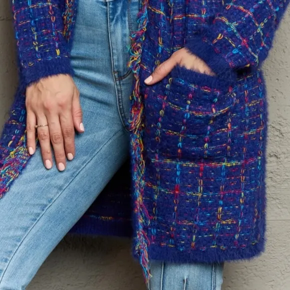 Plaid Retro Knit Colorful Fringe Fur Hem Longline Sweater Cardigan Bold Duster