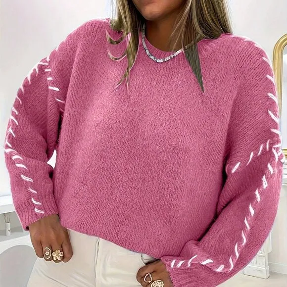 Plus Size Pink Casual Women's Minimalist Pullover Sweater