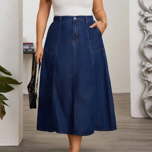Plus Solid Pockets Minimalist Denim Jeans Midi Skirt
