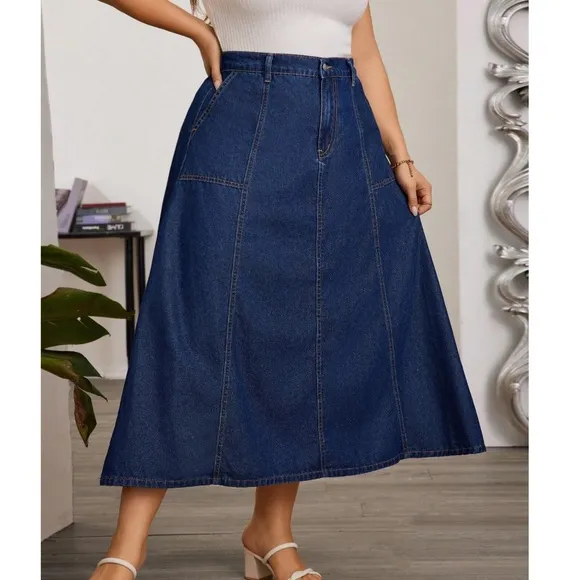 Plus Solid Pockets Minimalist Denim Jeans Midi Skirt