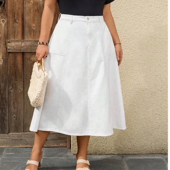 Plus Solid Pockets Minimalist Denim Jeans Midi Skirt