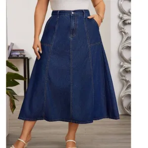 Plus Solid Pockets Minimalist Denim Jeans Midi Skirt