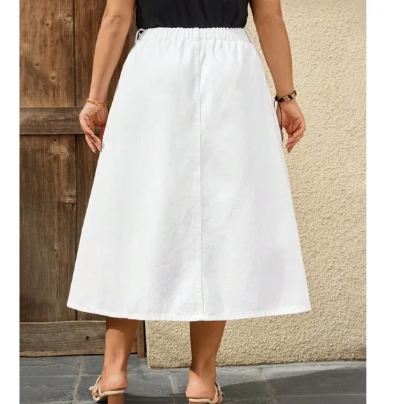 Plus Solid Pockets Minimalist Denim Jeans Midi Skirt