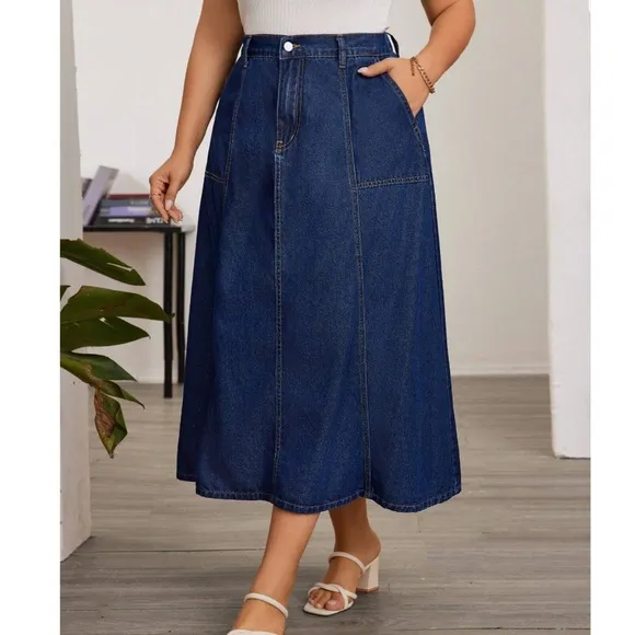 Plus Solid Pockets Minimalist Denim Jeans Midi Skirt