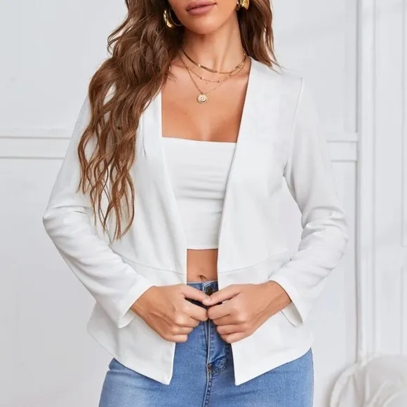 Pointed hem collarless minimalist blazer jacket navy blue