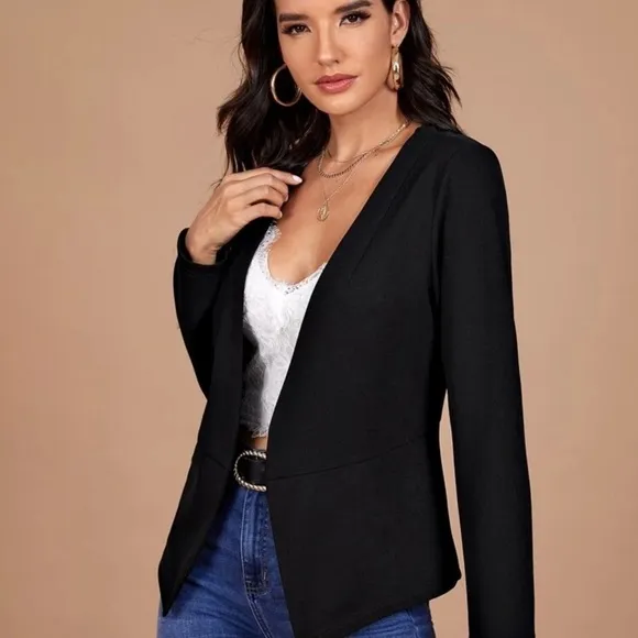 Pointed hem collarless minimalist blazer jacket navy blue