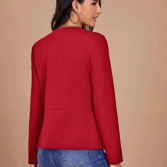Pointed hem collarless minimalist blazer jacket navy blue