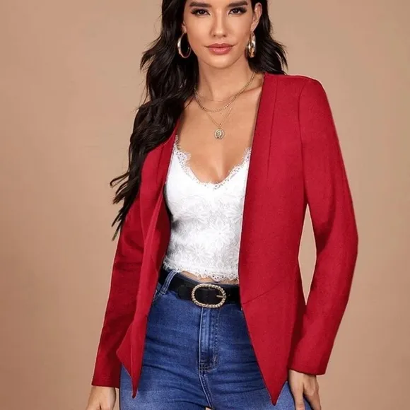 Pointed hem collarless minimalist blazer jacket navy blue