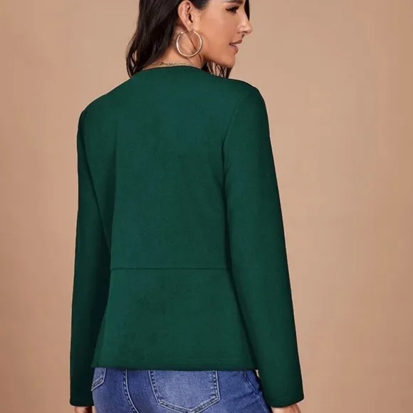 Pointed hem collarless minimalist blazer jacket navy blue