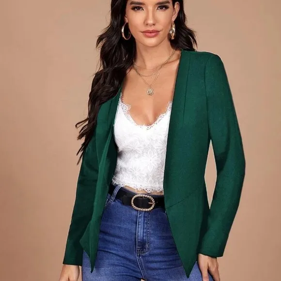 Pointed hem collarless minimalist blazer jacket navy blue