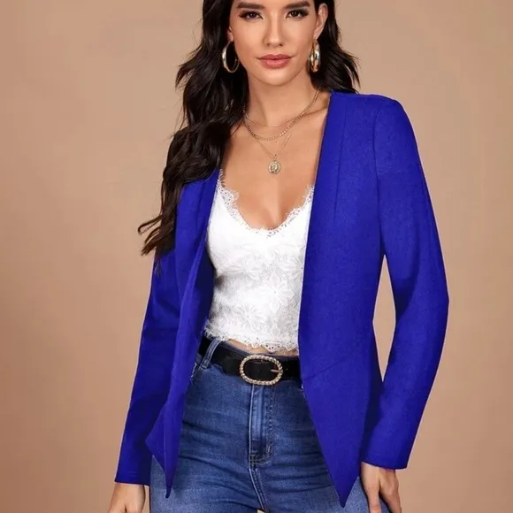 Pointed hem collarless minimalist blazer jacket navy blue