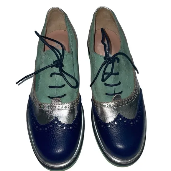 POLLINI Lace-up Leather Blue Green Silver Loafers Size 7