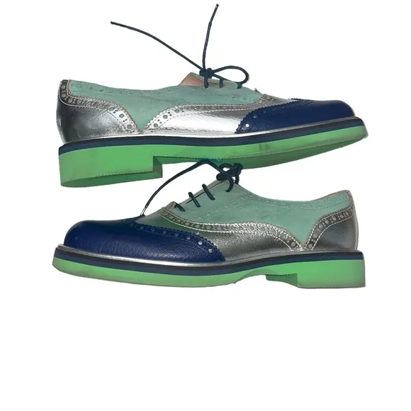 POLLINI Lace-up Leather Blue Green Silver Loafers Size 7