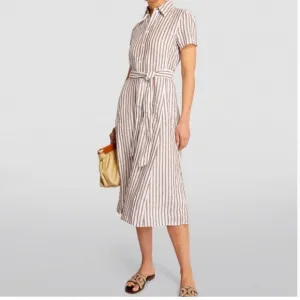 Polo Ralph Lauren 100% Linen Tan White Striped Preppy Minimalist Shirt Dress