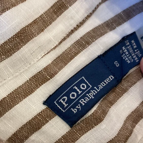 Polo Ralph Lauren 100% Linen Tan White Striped Preppy Minimalist Shirt Dress